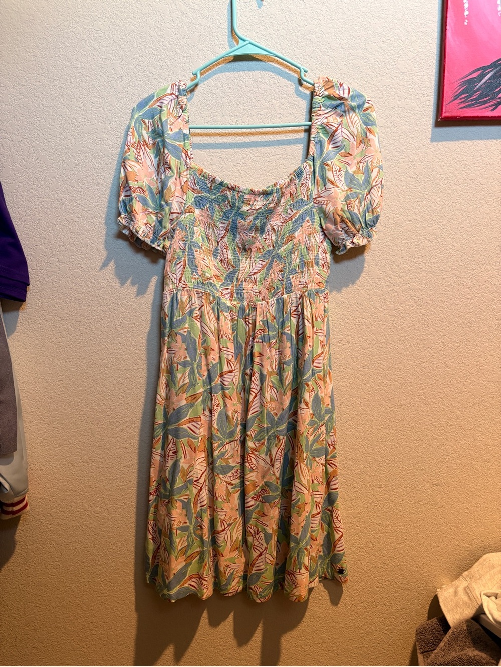 Roxy Pastel Green and Pink Leaf-Print Midi Dress